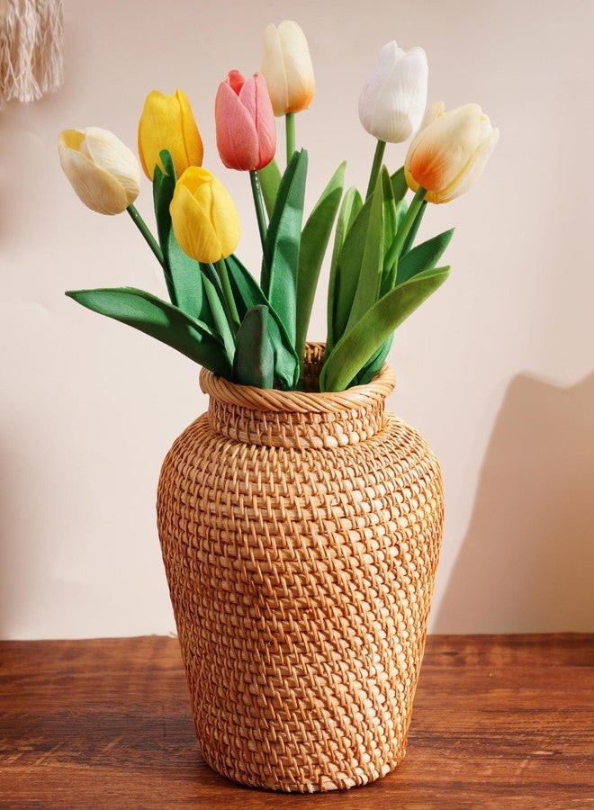 FONYICK Rattan Vase, Small Braided Boho Vases for Pampas Grass & Flower Arrangement, Hand Woven Vases Decor, Rustic Farmhouse Round Wicker Vase Basket for Centerpieces,6" D x 8" H, Brown - Image 1